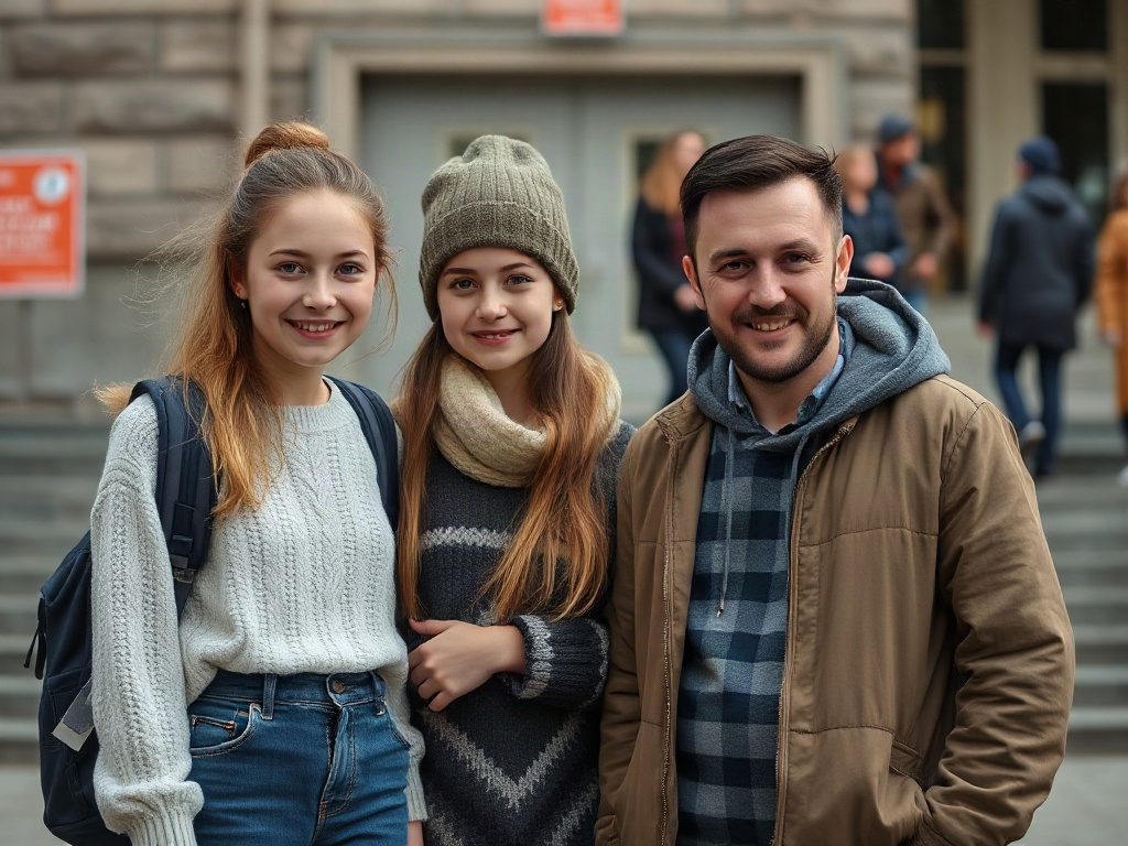 Трое молодых людей на улице: две девушки и мужчина, улыбаются и позируют для фото. Осень, городской фон.
