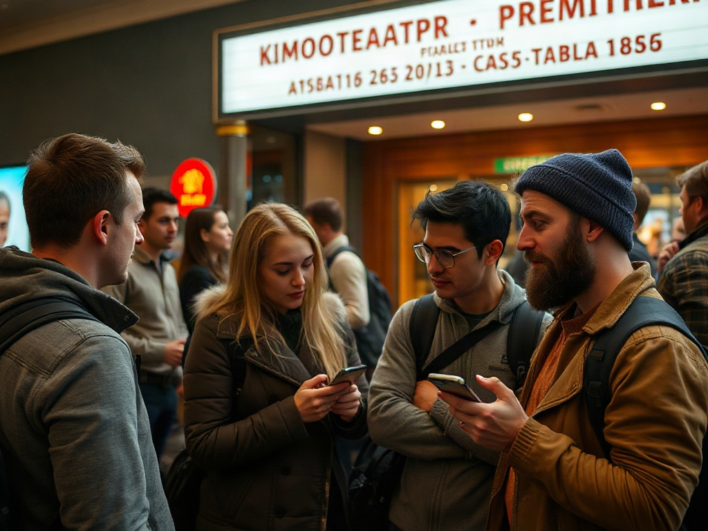Группа людей обсуждает что-то, смотря на свои телефоны в оживлённом месте. На заднем плане киносцена.
